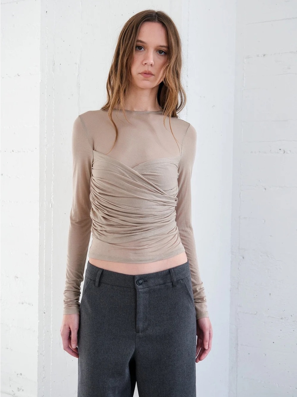 NWT GEEL Sheer Ruched Long-Sleeve Crop Top in Taupe